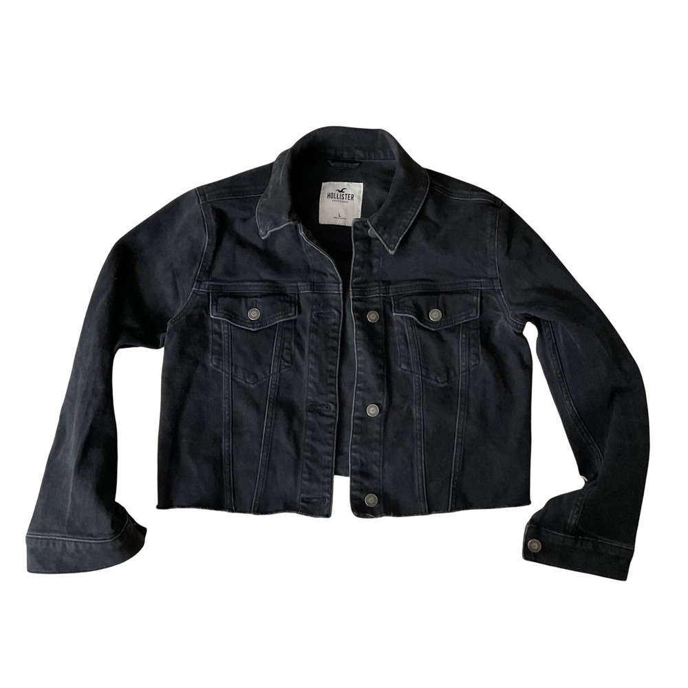 Hollister Womens Cropped Black‎ Denim Jacket Raw Hem Size L washed black